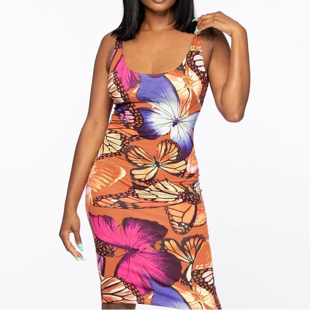 JULIA LOVE Mocha Rust Tropical Butterfly Stretch Scuba Midi Bodycon Slipon1X NWT
